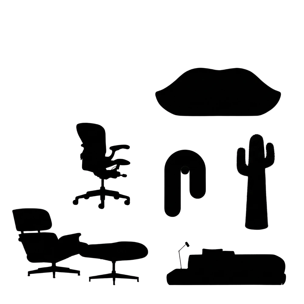 Silhouettes of designer furniture pieces, lounge chair, office chair, sofa, lamp and cactus