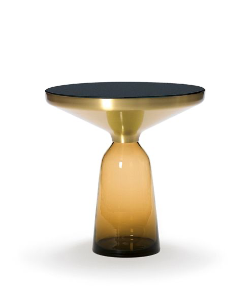 The Bell Table, designed by Sebastian Herkner for ClassiCon in 2012: a hand blown glass base beneath a brass and glass top.
