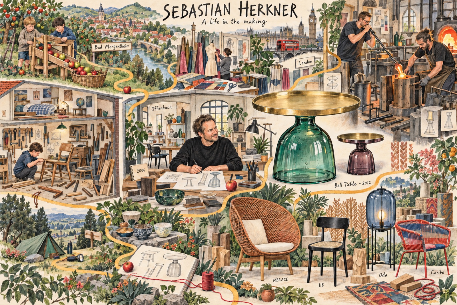 An illustrated map of Sebastian Herkner's life in the making: Bad Mergentheim, the workshop next to his bedroom, Offenbach and London, the Bell Table, and his work with specialist makers.