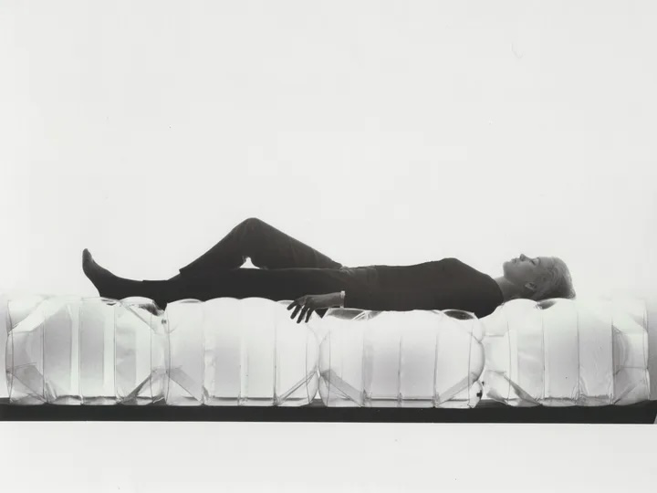 Panton's 1960 inflatable stools of welded transparent plastic, arranged as a daybed. Photo © Verner Panton Design AG