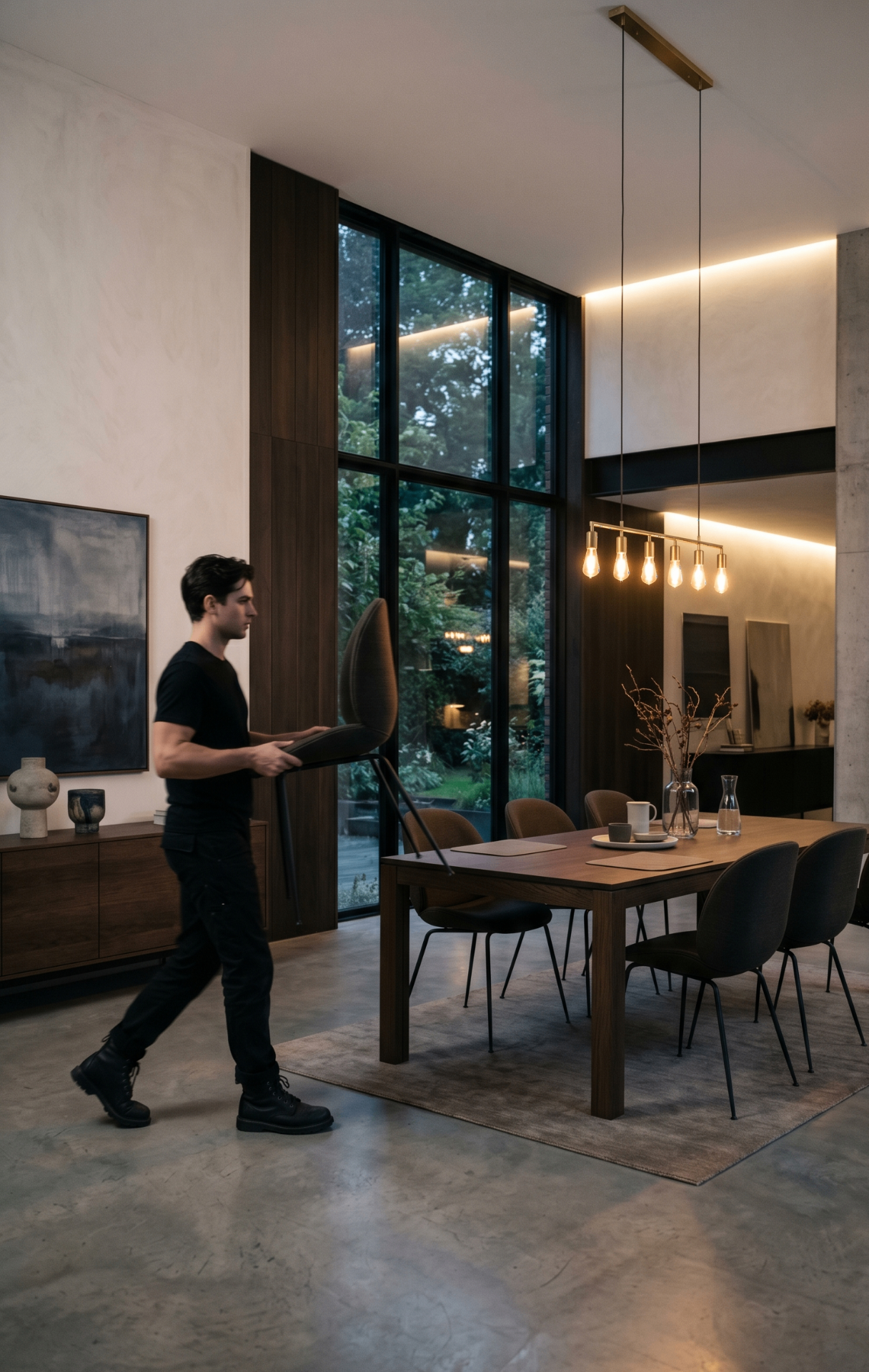 Removalist carrying a designer dining chair through a modern home