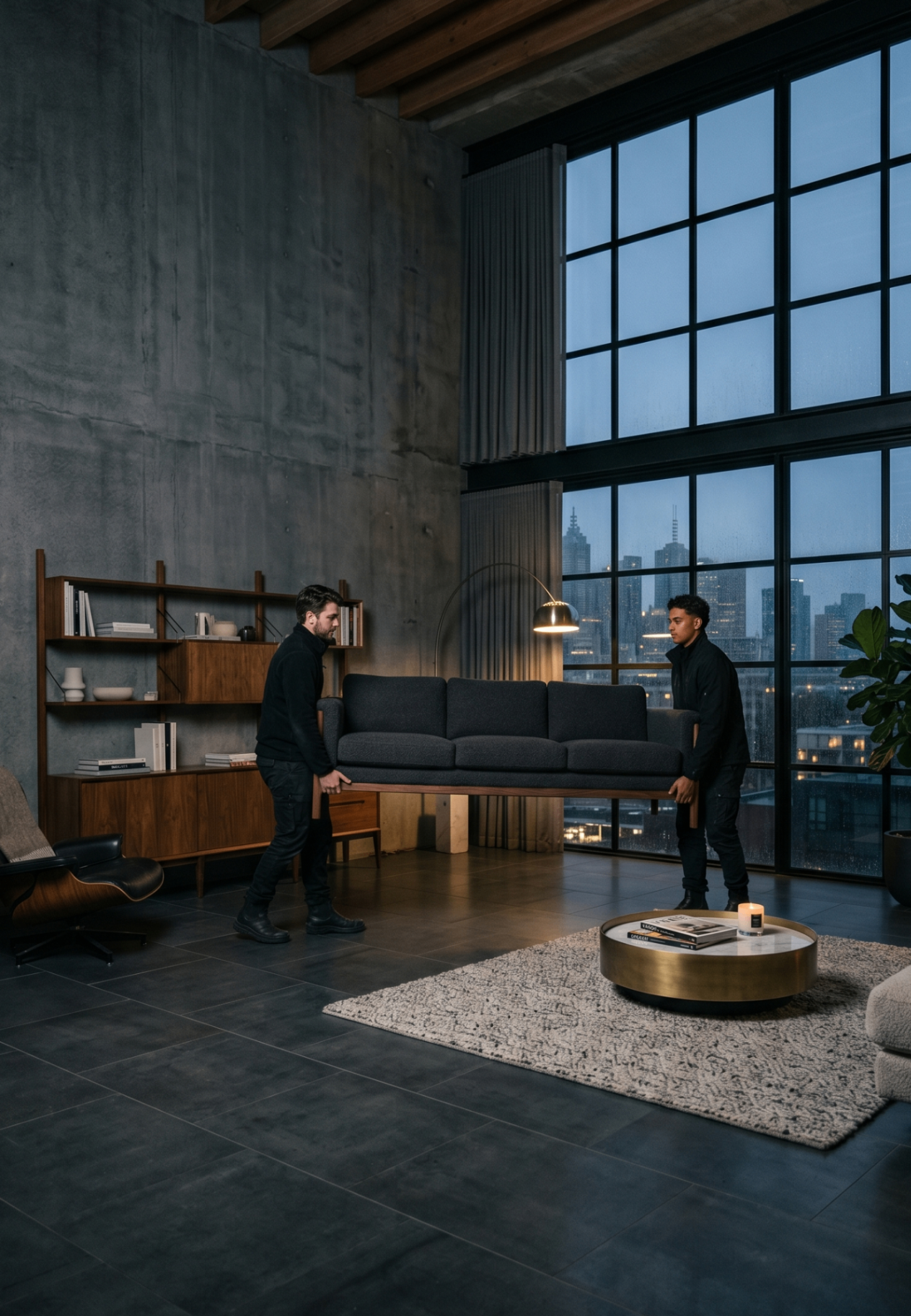 Two removalists carrying a sofa through a modern loft apartment