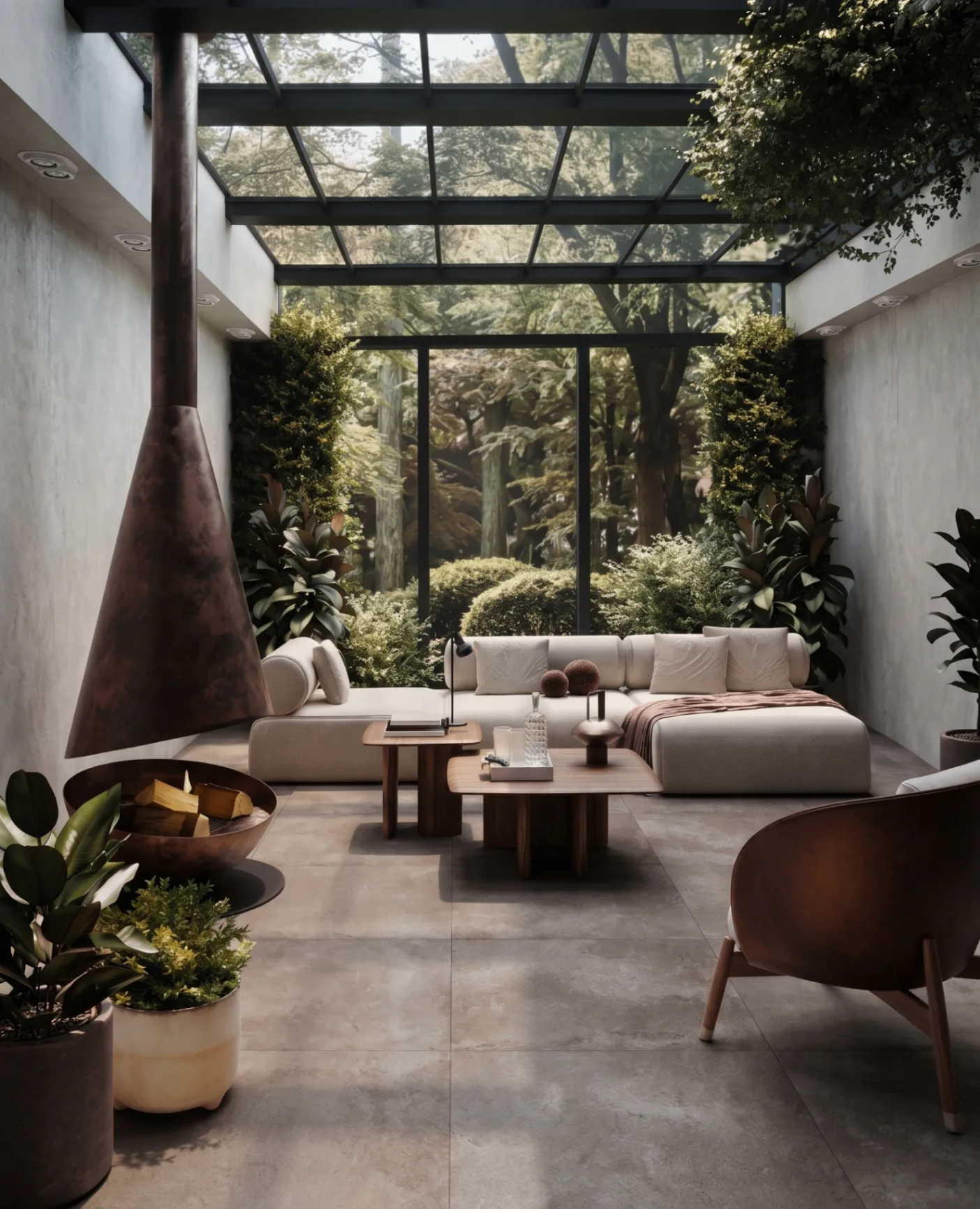Modern conservatory with glass roof, modular sofa and tropical plants