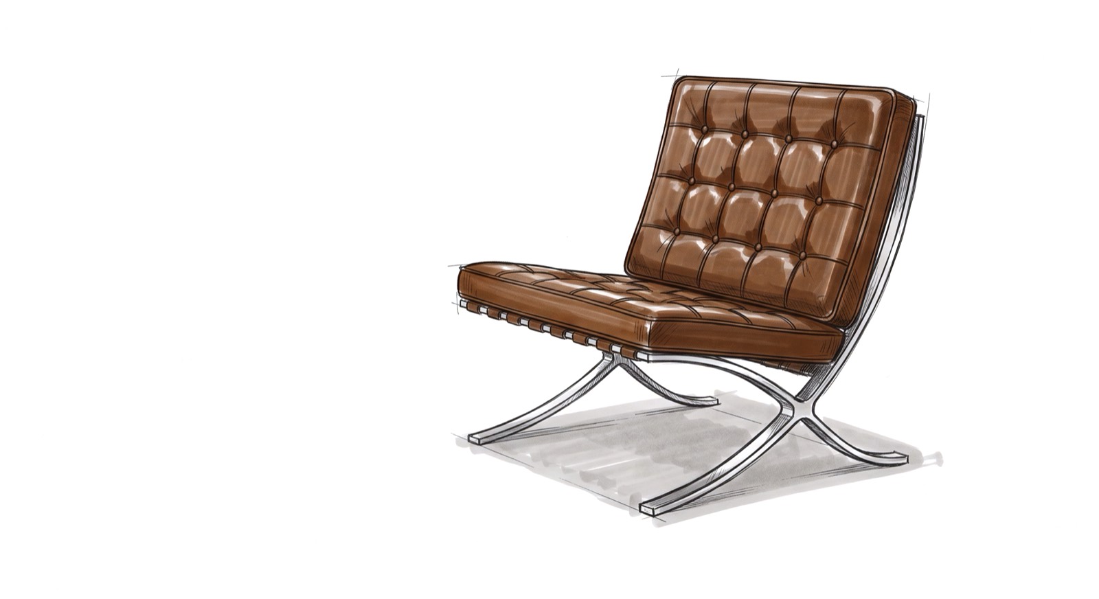 Sketch of a tufted tan leather Barcelona style lounge chair on a polished chrome X frame
