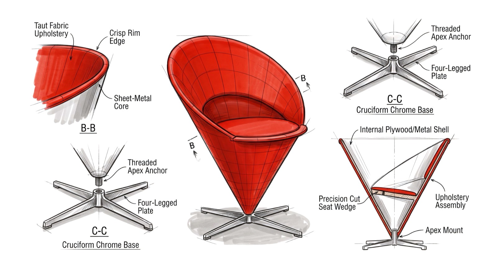 Annotated sketch of a cone chair showing its sheet metal core, upholstery assembly, precision cut seat wedge and cruciform chrome base