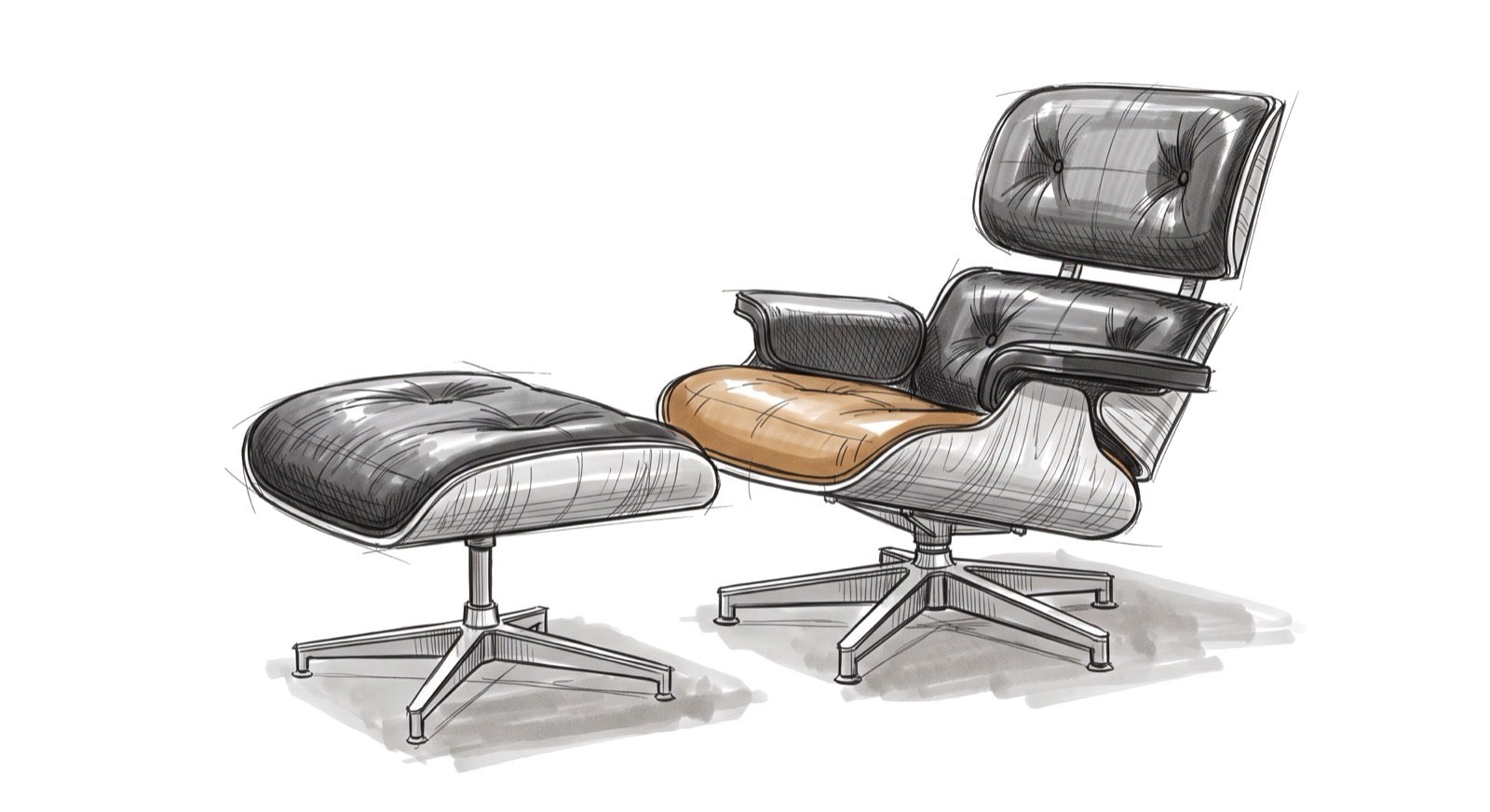 Sketch of a black leather and moulded plywood lounge chair with its matching ottoman on aluminium bases